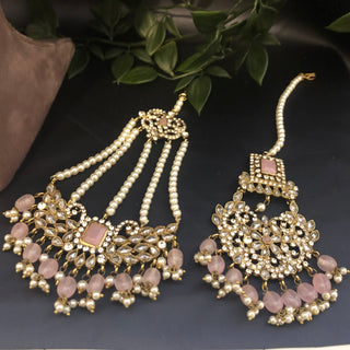 Pearly Antique Gold Necklace Set (Necklace Earrings Tikka) - Golden / Baby Pink - Necklace Set