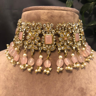 Pearly Antique Gold Necklace Set (Necklace Earrings Tikka) - Golden / Baby Pink - Necklace Set