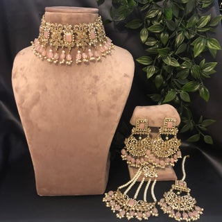 Pearly Antique Gold Necklace Set (Necklace Earrings Tikka) - Golden / Baby Pink - Necklace Set