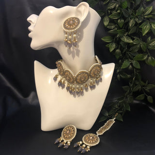 Pearly Antique Gold Necklace Set (Necklace Earrings Tikka) - Golden / Grey - Necklace Set