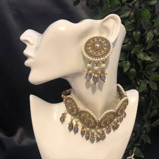 Pearly Antique Gold Necklace Set (Necklace Earrings Tikka) - Golden / Grey - Necklace Set