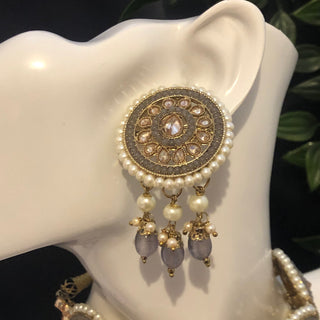 Pearly Antique Gold Necklace Set (Necklace Earrings Tikka) - Golden / Grey - Necklace Set