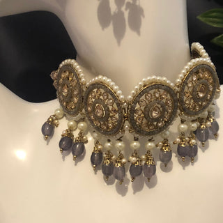 Pearly Antique Gold Necklace Set (Necklace Earrings Tikka) - Golden / Grey - Necklace Set