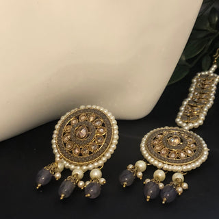 Pearly Antique Gold Necklace Set (Necklace Earrings Tikka) - Golden / Grey - Necklace Set
