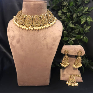 Pearly Antique Gold Necklace Set (Necklace Earrings Tikka) - Golden / Peachy Pink - Necklace Set