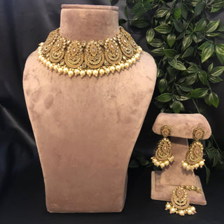Pearly Antique Gold Necklace Set (Necklace Earrings Tikka) - Golden / Peachy Pink - Necklace Set