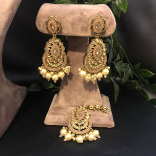Pearly Antique Gold Necklace Set (Necklace Earrings Tikka) - Golden / Peachy Pink - Necklace Set