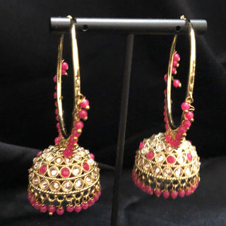 ADITI Antique Gold Jhumki - Hot Pink
