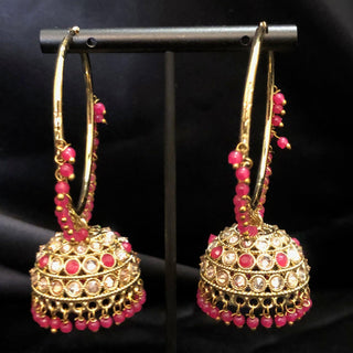 ADITI Antique Gold Jhumki - Hot Pink