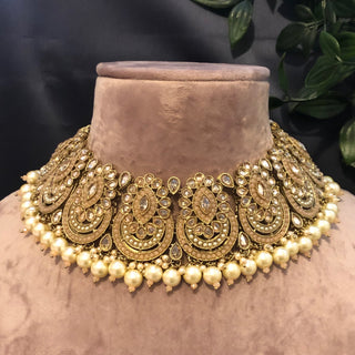 Pearly Antique Gold Necklace Set (Necklace Earrings Tikka) - Golden / Peachy Pink - Necklace Set