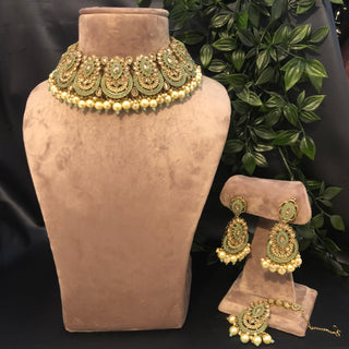 Pearly Antique Gold Necklace Set (Necklace Earrings Tikka) - Golden / Mint - Necklace Set