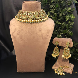 Pearly Antique Gold Necklace Set (Necklace Earrings Tikka) - Golden / Mint - Necklace Set