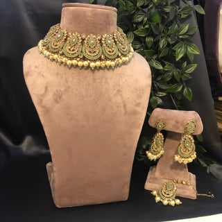 Pearly Antique Gold Necklace Set (Necklace Earrings Tikka) - Golden / Mint - Necklace Set
