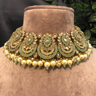 Pearly Antique Gold Necklace Set (Necklace Earrings Tikka) - Golden / Mint - Necklace Set