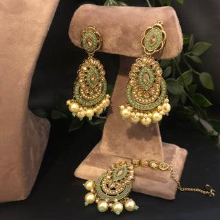 Pearly Antique Gold Necklace Set (Necklace Earrings Tikka) - Golden / Mint - Necklace Set