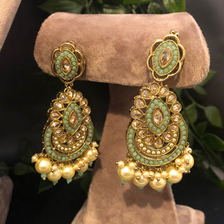 Pearly Antique Gold Necklace Set (Necklace Earrings Tikka) - Golden / Mint - Necklace Set