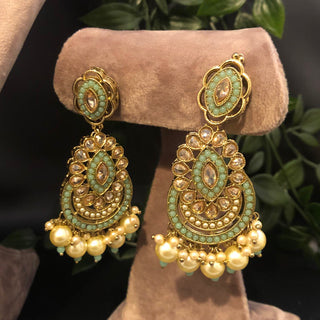 Pearly Antique Gold Necklace Set (Necklace Earrings Tikka) - Golden / Mint - Necklace Set