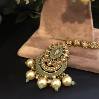 Pearly Antique Gold Necklace Set (Necklace Earrings Tikka) - Golden / Mint - Necklace Set