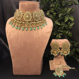 Pearly Antique Gold Necklace Set (Necklace Earrings Tikka) - Golden / Mint - Necklace Set