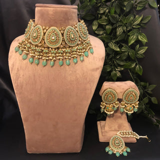 Pearly Antique Gold Necklace Set (Necklace Earrings Tikka) - Golden / Mint - Necklace Set