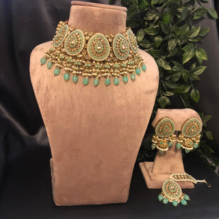 Pearly Antique Gold Necklace Set (Necklace Earrings Tikka) - Golden / Mint - Necklace Set