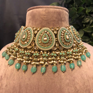 Pearly Antique Gold Necklace Set (Necklace Earrings Tikka) - Golden / Mint - Necklace Set