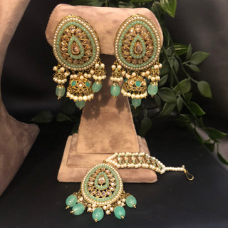 Pearly Antique Gold Necklace Set (Necklace Earrings Tikka) - Golden / Mint - Necklace Set