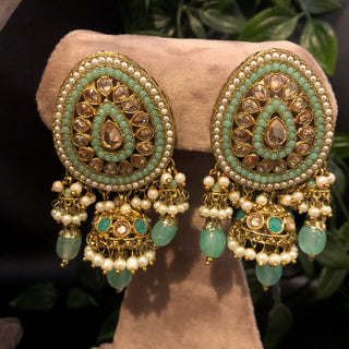 Pearly Antique Gold Necklace Set (Necklace Earrings Tikka) - Golden / Mint - Necklace Set