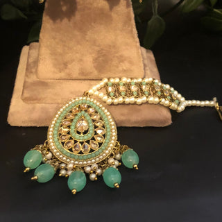 Pearly Antique Gold Necklace Set (Necklace Earrings Tikka) - Golden / Mint - Necklace Set