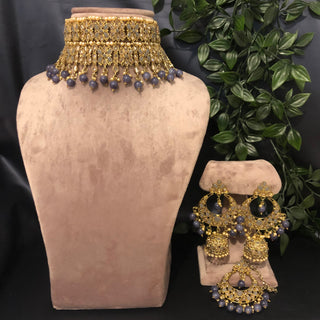 Pearly Antique Gold Double Choker Necklace Set (Necklace Earrings Tikka) - Golden / Charcoal Grey - Necklace Set