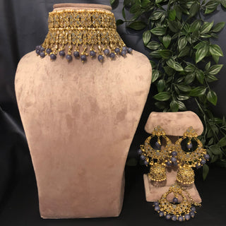 Pearly Antique Gold Double Choker Necklace Set (Necklace Earrings Tikka) - Golden / Charcoal Grey - Necklace Set