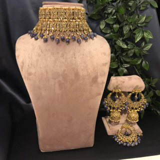 Pearly Antique Gold Double Choker Necklace Set (Necklace Earrings Tikka) - Golden / Charcoal Grey - Necklace Set