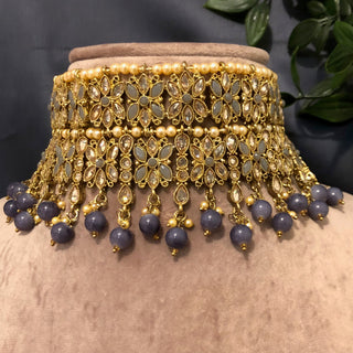 Pearly Antique Gold Double Choker Necklace Set (Necklace Earrings Tikka) - Golden / Charcoal Grey - Necklace Set