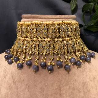 Pearly Antique Gold Double Choker Necklace Set (Necklace Earrings Tikka) - Golden / Charcoal Grey - Necklace Set