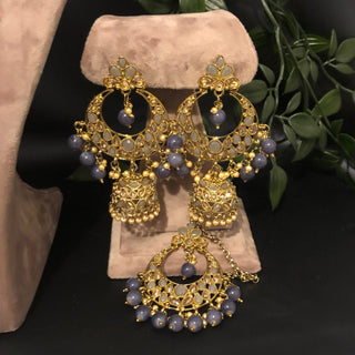 Pearly Antique Gold Double Choker Necklace Set (Necklace Earrings Tikka) - Golden / Charcoal Grey - Necklace Set