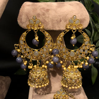 Pearly Antique Gold Double Choker Necklace Set (Necklace Earrings Tikka) - Golden / Charcoal Grey - Necklace Set