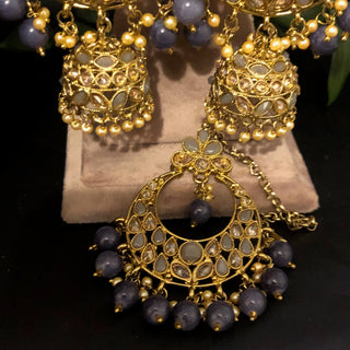 Pearly Antique Gold Double Choker Necklace Set (Necklace Earrings Tikka) - Golden / Charcoal Grey - Necklace Set