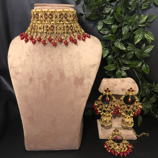 Pearly Antique Gold Double Choker Necklace Set (Necklace Earrings Tikka) - Golden / Maroon - Necklace Set