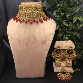 Pearly Antique Gold Double Choker Necklace Set (Necklace Earrings Tikka) - Golden / Maroon - Necklace Set