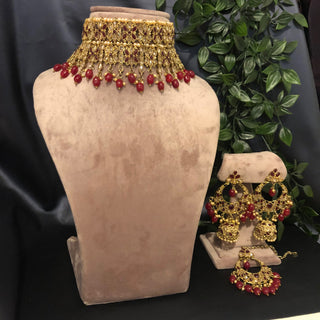 Pearly Antique Gold Double Choker Necklace Set (Necklace Earrings Tikka) - Golden / Maroon - Necklace Set