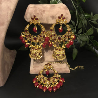Pearly Antique Gold Double Choker Necklace Set (Necklace Earrings Tikka) - Golden / Maroon - Necklace Set
