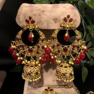 Pearly Antique Gold Double Choker Necklace Set (Necklace Earrings Tikka) - Golden / Maroon - Necklace Set