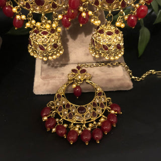 Pearly Antique Gold Double Choker Necklace Set (Necklace Earrings Tikka) - Golden / Maroon - Necklace Set