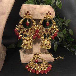 Pearly Antique Gold Double Choker Necklace Set (Necklace Earrings Tikka) - Golden / Maroon - Necklace Set