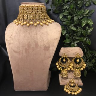 Pearly Antique Gold Double Choker Necklace Set (Necklace Earrings Tikka) - Golden / Golden - Necklace Set
