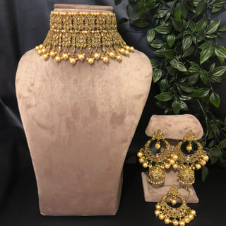 Pearly Antique Gold Double Choker Necklace Set (Necklace Earrings Tikka) - Golden / Golden - Necklace Set