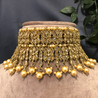 Pearly Antique Gold Double Choker Necklace Set (Necklace Earrings Tikka) - Golden / Golden - Necklace Set