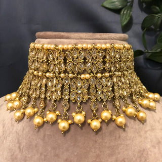 Pearly Antique Gold Double Choker Necklace Set (Necklace Earrings Tikka) - Golden / Golden - Necklace Set