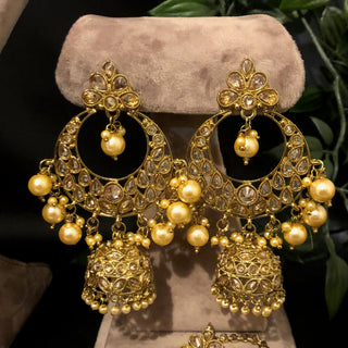 Pearly Antique Gold Double Choker Necklace Set (Necklace Earrings Tikka) - Golden / Golden - Necklace Set