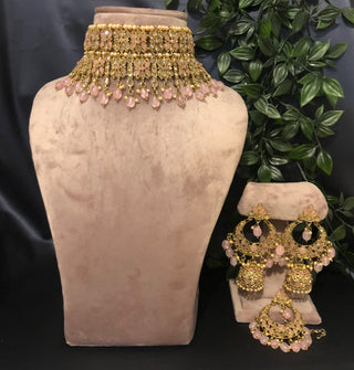 Pearly Antique Gold Double Choker Necklace Set (Necklace Earrings Tikka) - Golden / Baby Pink - Necklace Set